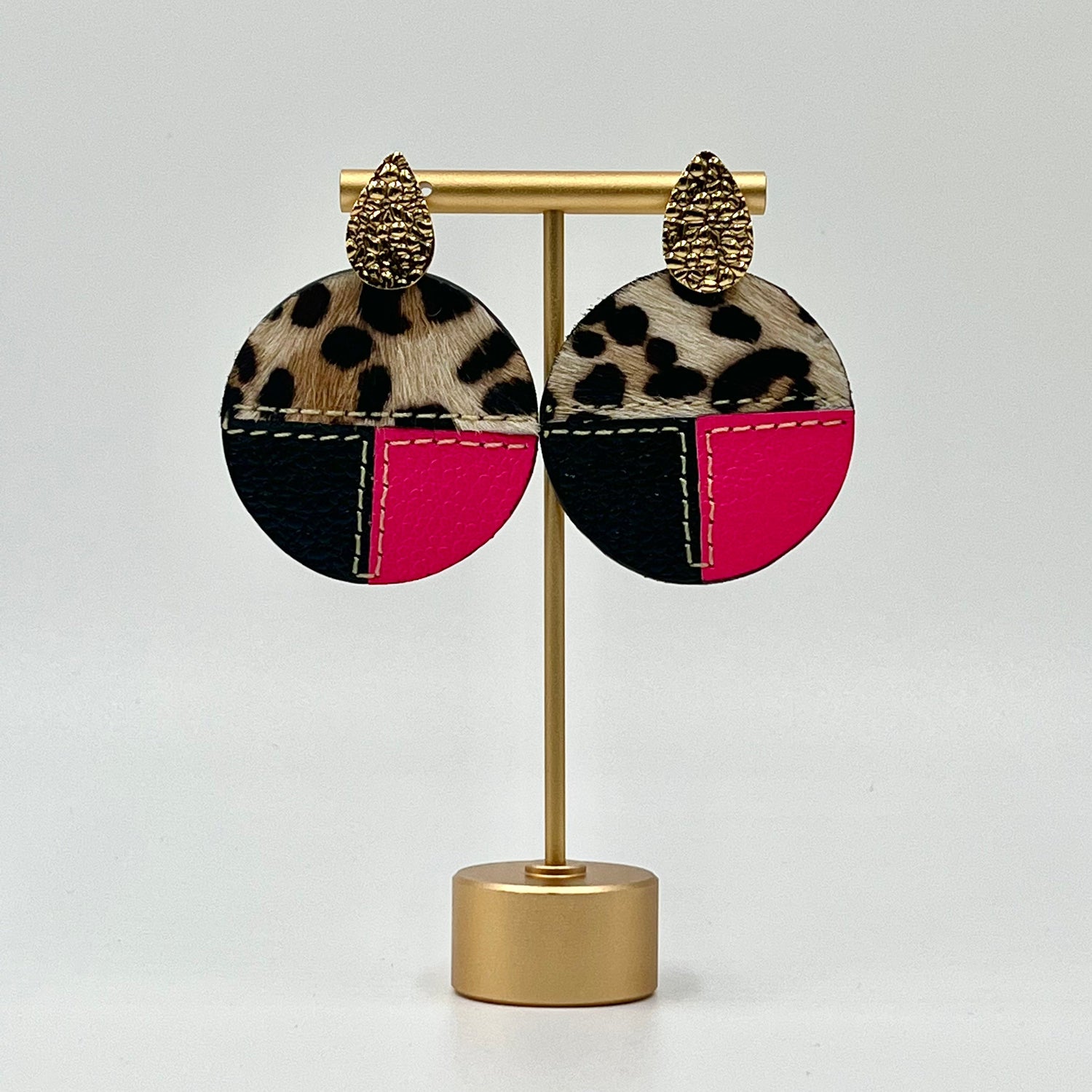 cow fur earrings, light weight earrings, Bright pink and black,  Black Fuchsia, Black Bright Pink