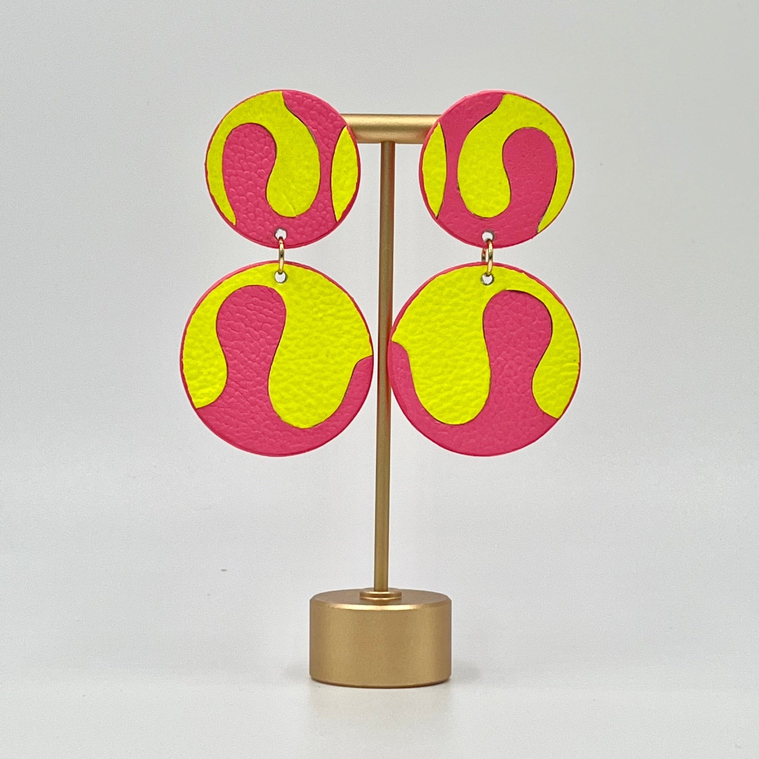Brilliant Color earrings, yellow and Fuchsia Earrings, neon lightweight earrings, leather earrings