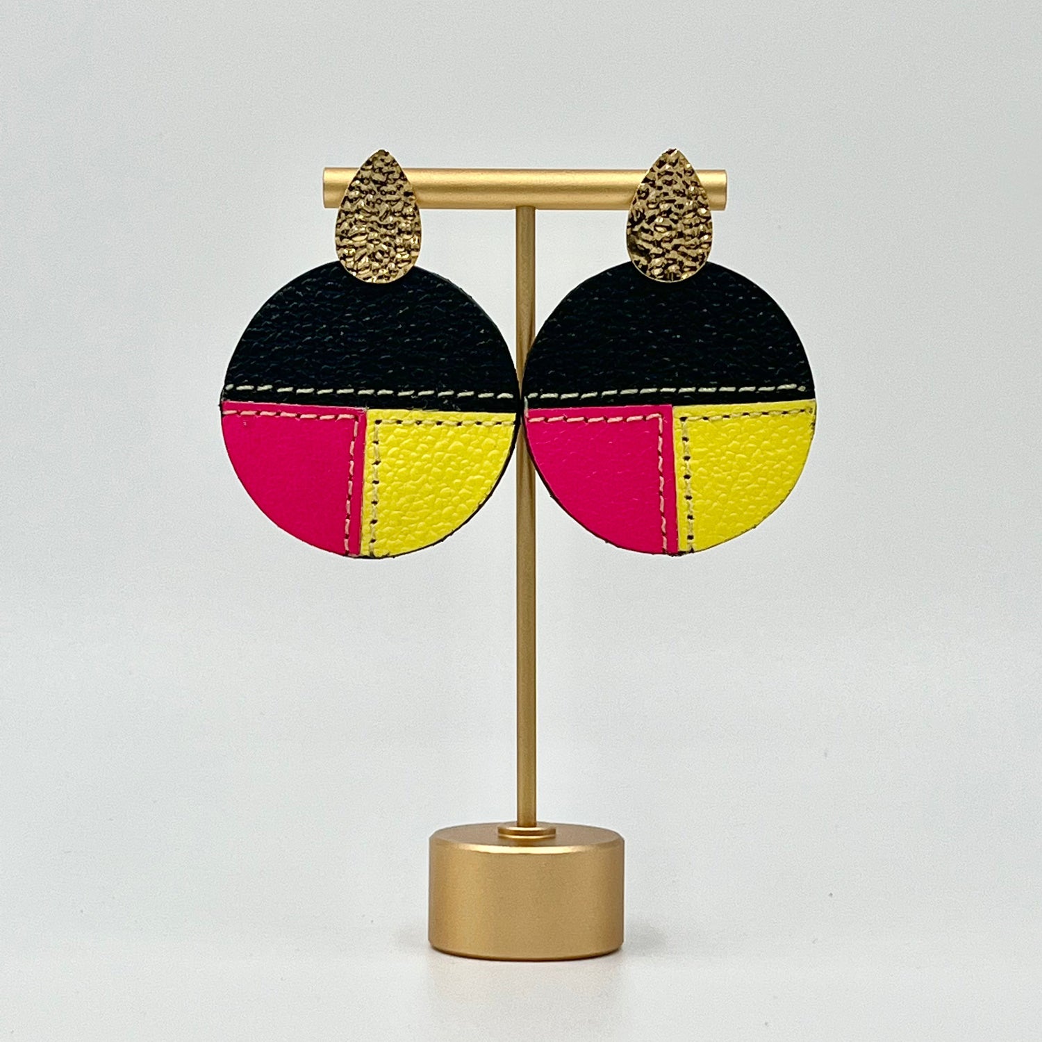 Black and yellow earrings, light weighted pink earrings, black and bight colors earrings. 