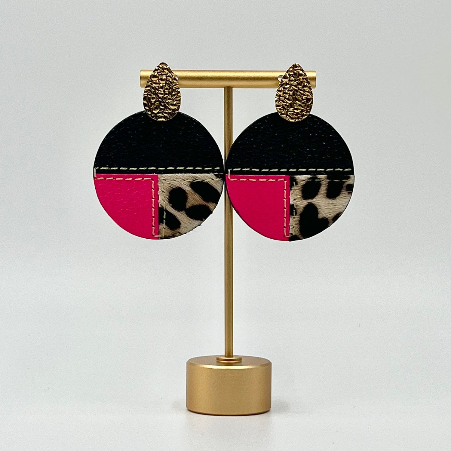 cow fur earrings, light weight earrings, Bright pink and black, Black Fuchsia, Black Bright Pink, fur earrings,
