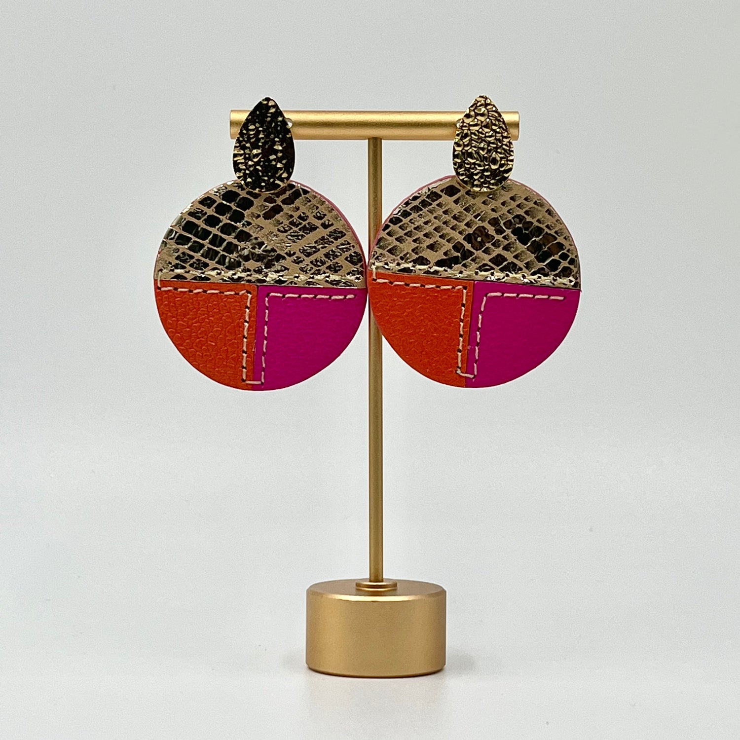 Golden orange earrings, Lightweight, handcrafted leather earring, Orange and Gold, Gond and orange. 