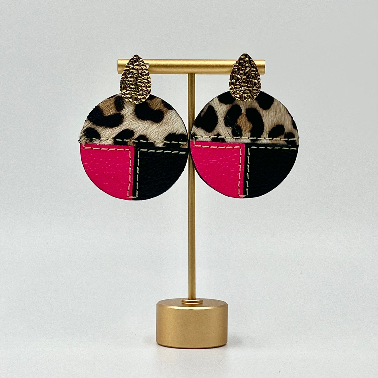 cow fur earrings, light weight earrings, Bright pink and black, Black Fuchsia, Black Bright Pink, fur earrings,